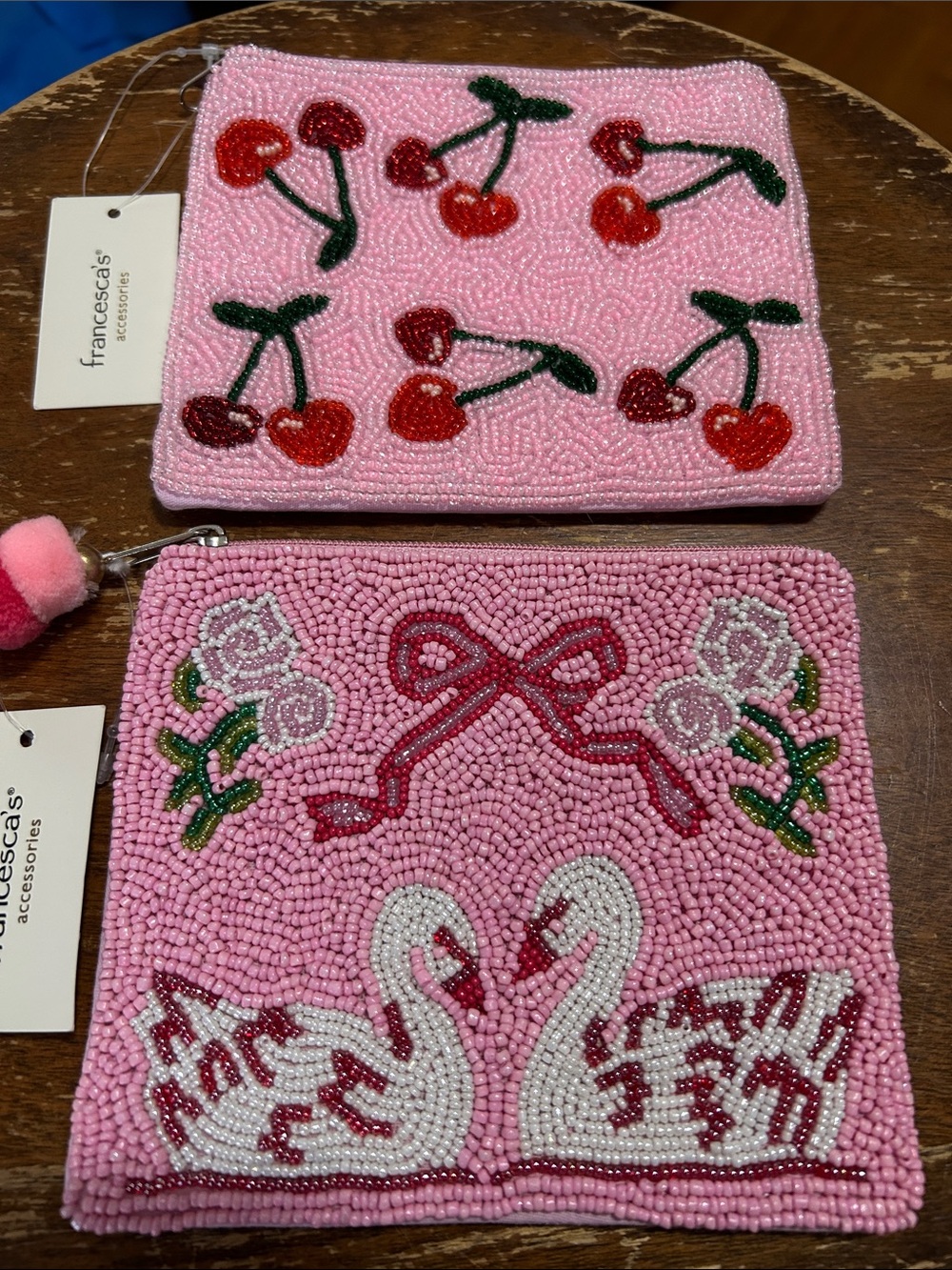 Francesca's Collections Pink Beaded Cherry & Swan Wristlet Pouches